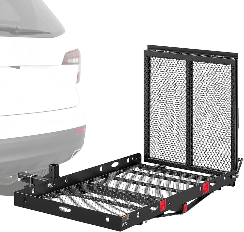 VEVOR Hitch Mount Wheelchair Carrier Height Adjustable, 500LBS Steel Mobility Scooter Carrier Cargo Basket with Double-Folding Ramp & Stabilizer Kit, Fit 2" Hitch Receiver for Truck SUV Car, 50" x 28"