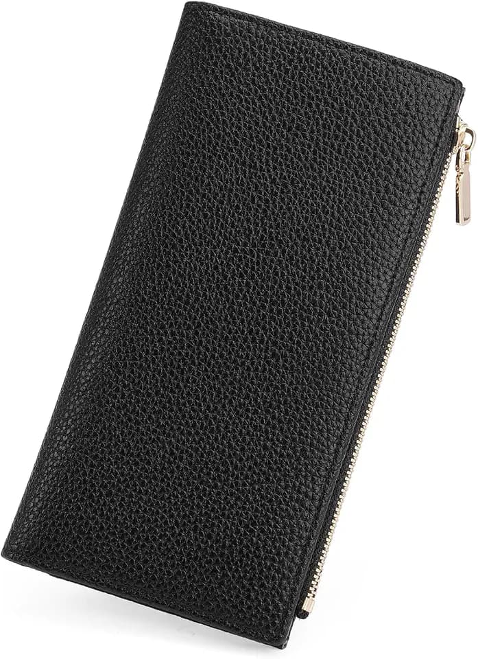 GOIACII Slim Wallet for Women Rfid Blocking Credit Card Holder with Zip Pocket Bifold Vegan Pebble Leather Black