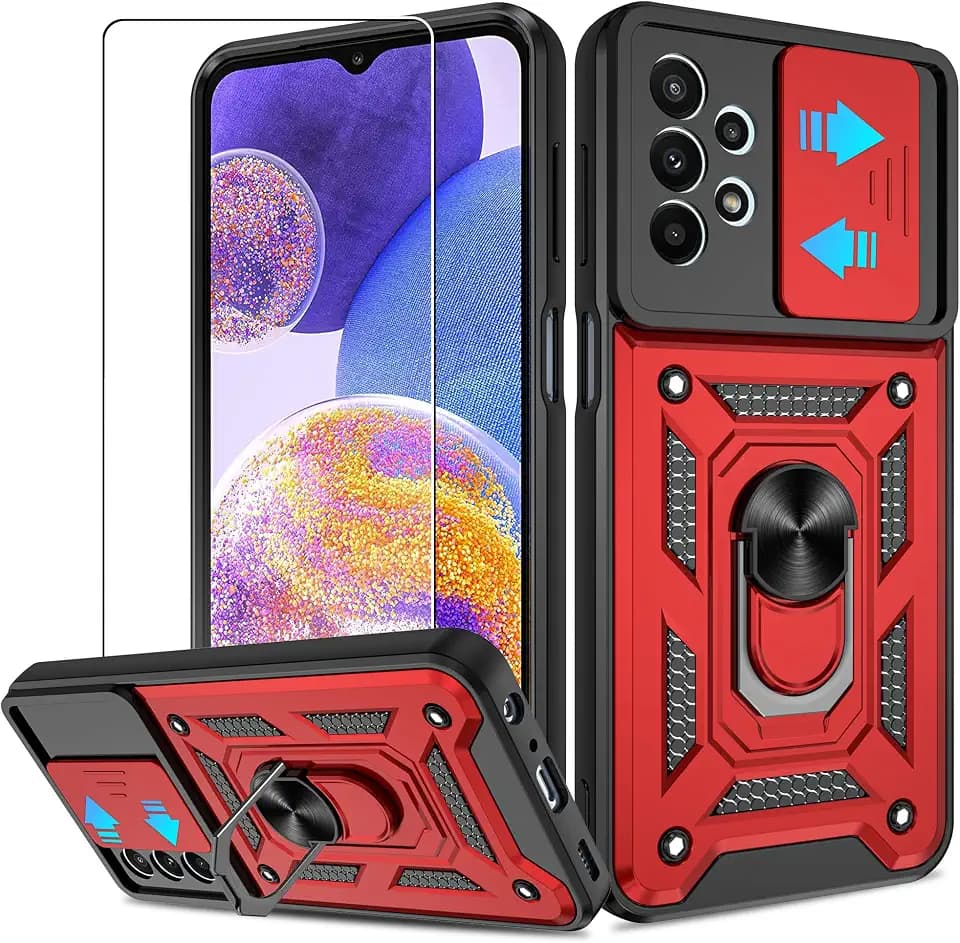ATUMP for Samsung Galaxy A23 5G/4G Case with HD Screen Protector, Heavy Duty Shockproof Protective Case with Magnetic Car Mount Ring Stand [Military Grade] Protective Case, Red