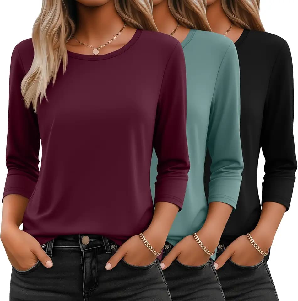 Ficerd 3 Pack 3/4 Sleeve Tops for Women Basics Crewneck T Shirts