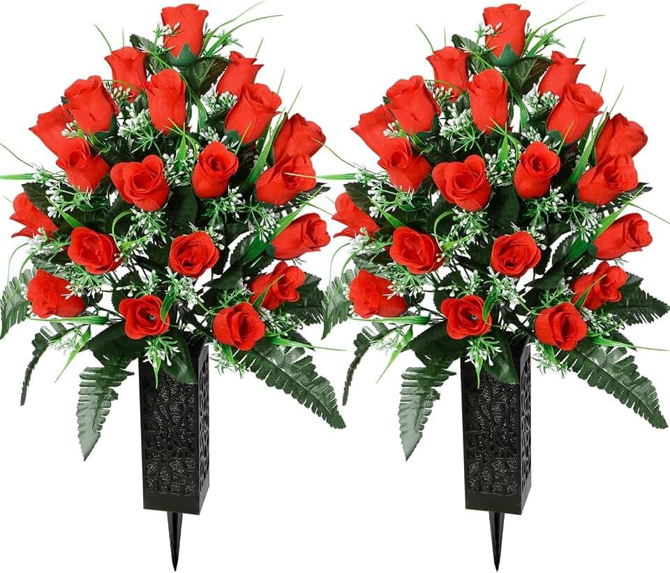 2 Stück Künstliche Friedhofsblumen mit Vase, Künstliche Rose Grabdenkmal Blumen für Friedhof Grabsteine Dekoration (Red)