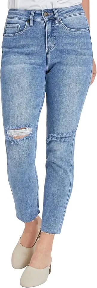 Royalty for Me Women's Royalty for Me Women's Vintage Wash Straight Ankle Ripped Jean with Frayed Hem