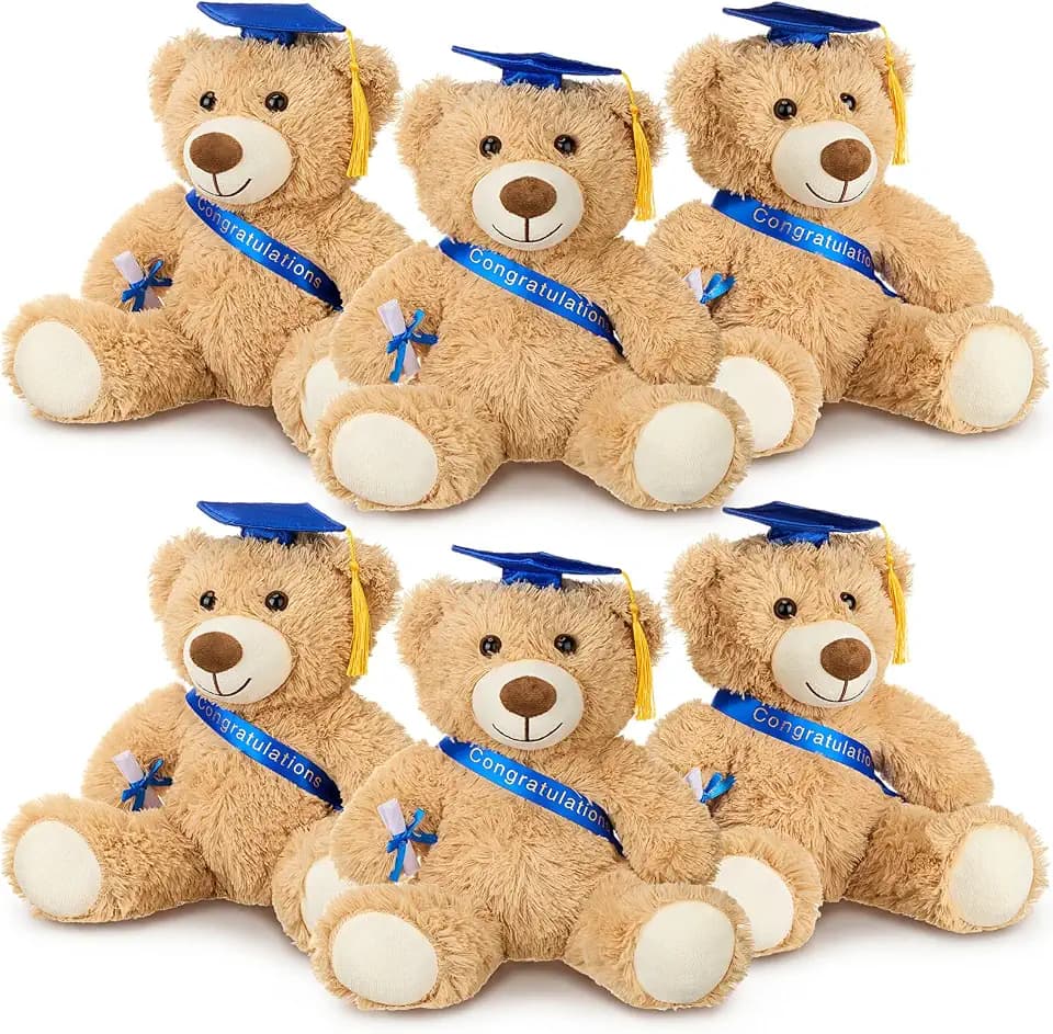 Aoriher 6 Pcs Class of 2026 Gifts Graduation Teddy Bears, 14 Inch Khaki Cute Soft Plush Stuffed Bears Animals with Cap, Diploma, Congratulations Sash, End of Year Gift for Kids Girl Boy Adult (Blue)