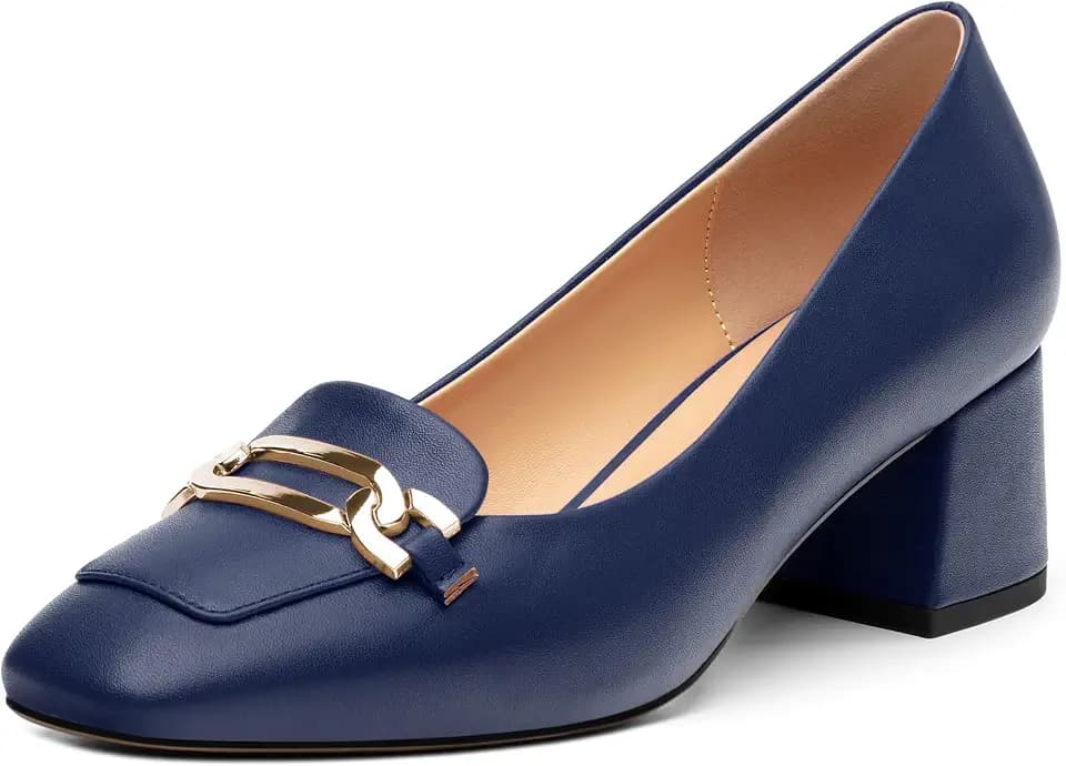Women Square Toe Low Block Chunky Heel Slip On Pumps