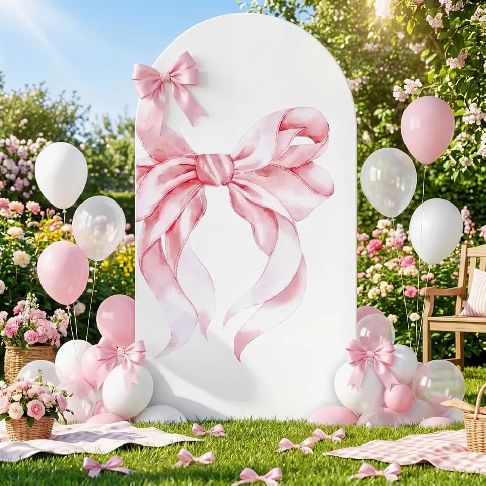 SmoothNovelty Pink Bow Arch Backdrop Cover 7.2ft Ribbon Bow Arch Cover