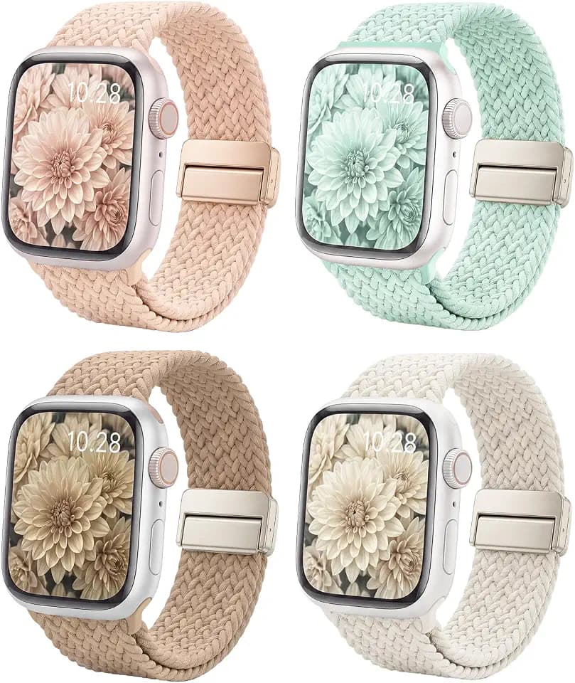 [4er-Pack]Geflochtenes Armband Kompatibel mit Apple Watch 49,46,45,44,42,41,40,38mm, Dehnbares Magnetisches Nylon Loop Sportarmband für Damen Herren, für iWatch Series 11 10 9 8 7 6 5 4 3 2 1 SE Ultra