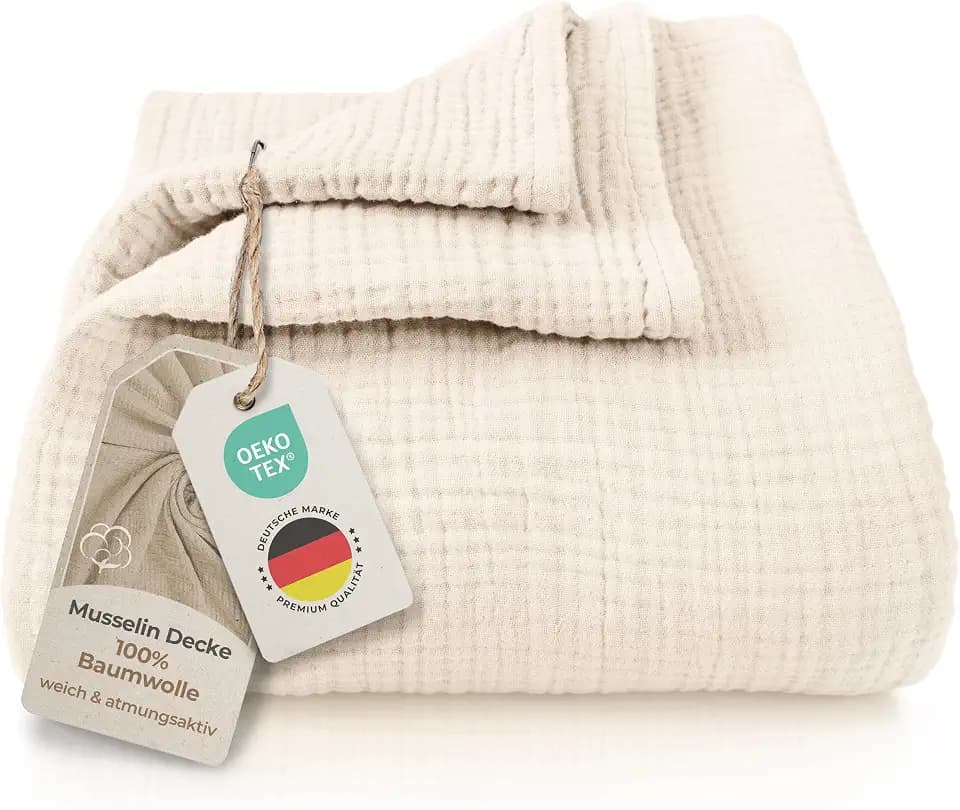 LAYNENBURG Premium Musselin Tagesdecke 150x200 cm - 100% Baumwolle - extraweiche, leichte Sommerdecke als Kuscheldecke, Bett-Überwurf, Baumwolldecke, Couch-Überwurf - warme Sofa-Decke (Ivory-Creme)
