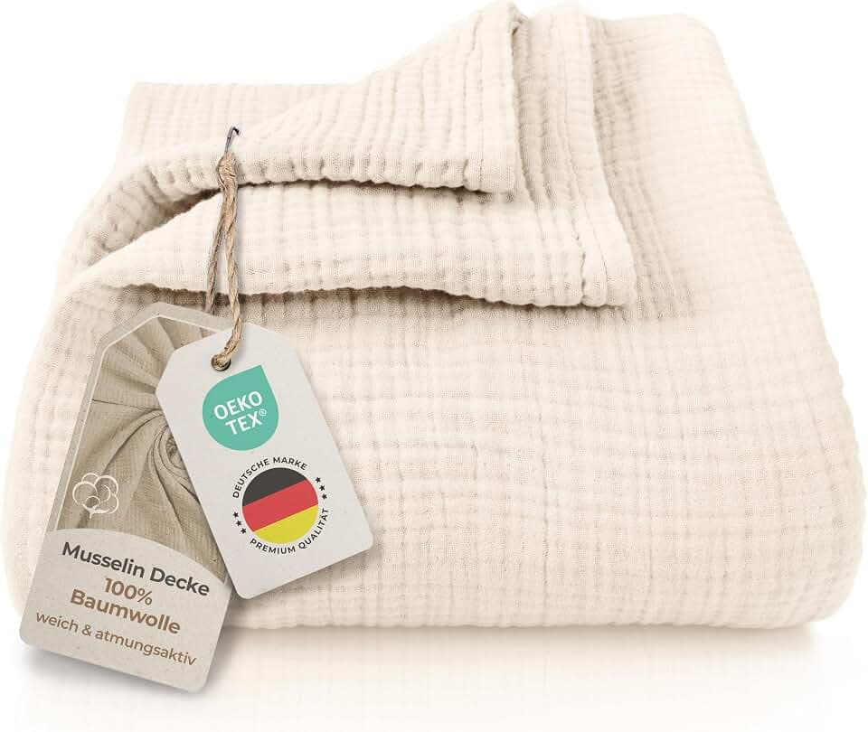 LAYNENBURG Premium Musselin Tagesdecke 180x220 cm - 100% Baumwolle - extraweiche, leichte Sommerdecke als Kuscheldecke, Bett-Überwurf, Baumwolldecke, Couch-Überwurf - warme Sofa-Decke (Ivory-Creme)