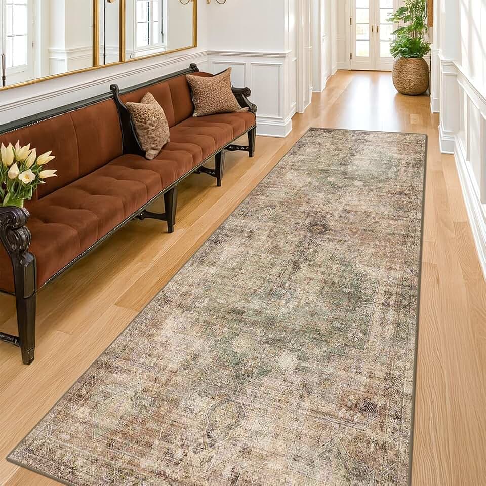 Vintage 2'6"x8' Wide Non Slip Runner Rugs for Hallway, Stain Resistant Washable Farmhouse Kitchen Rugs, Indoor Floor Mats for Entryway, Neutral Medallion Abstract Décor, Distressed Design