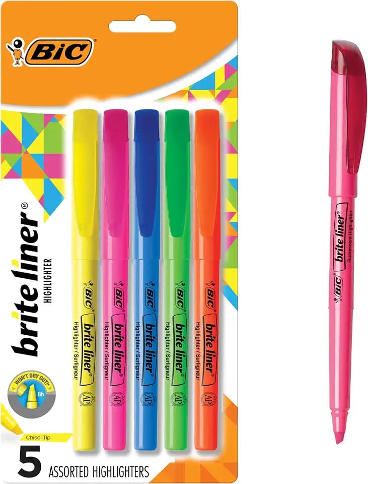 BIC Brite Liner Chisel Tip Highlighters, Assorted Colors, 5-Count