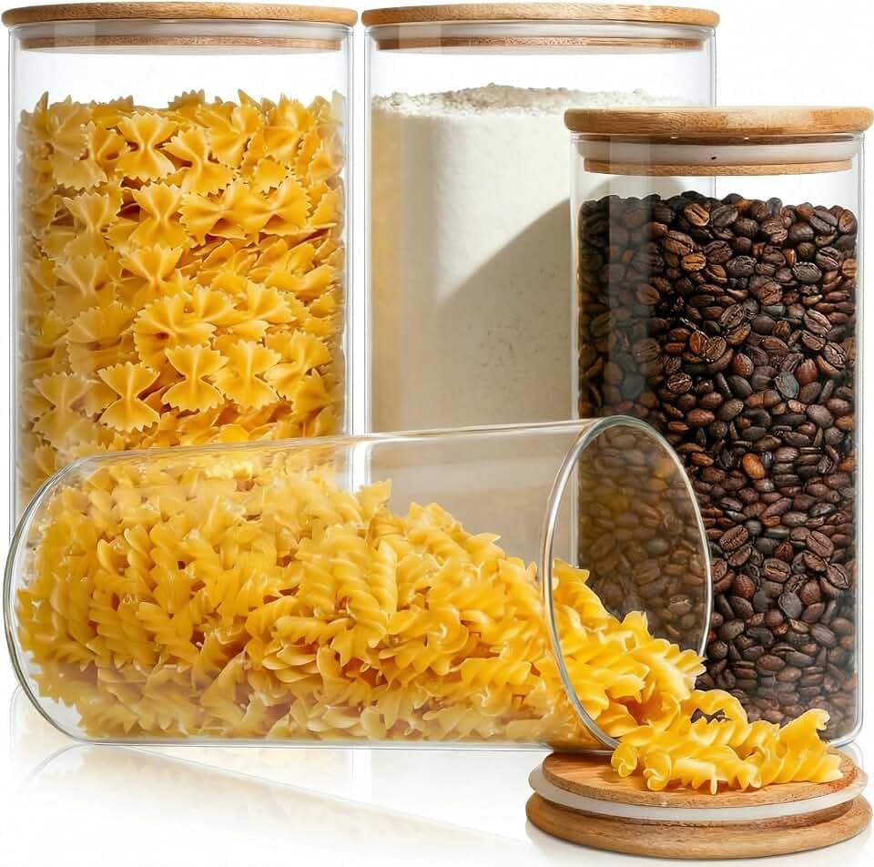 Large Glass Storage Containers with Bamboo Lids for Flour & Sugar, 4 Pack
