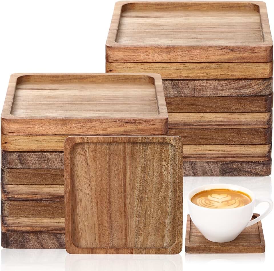 Zhehao 16 Pcs 4 Inch Acacia Wood Wooden Coasters Bulk, Square
