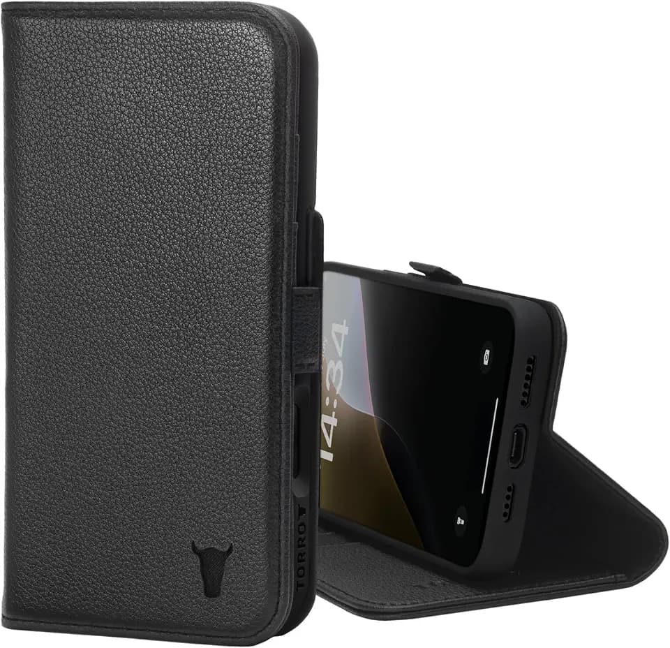 TORRO Premium Leather Case Compatible with iPhone 16 Pro Max 6.9" – Genuine Leather Wallet Flip Folio Case with Kickstand and Card Slots (Compatible with Official MagSafe Chargers) - Black