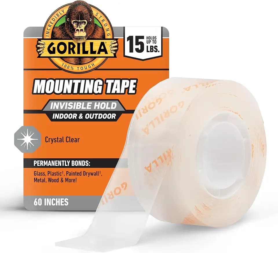 GORILLA Invisible Hold Mounting Tape, Holds Up to 15 lbs, Clear, 1" x 60"