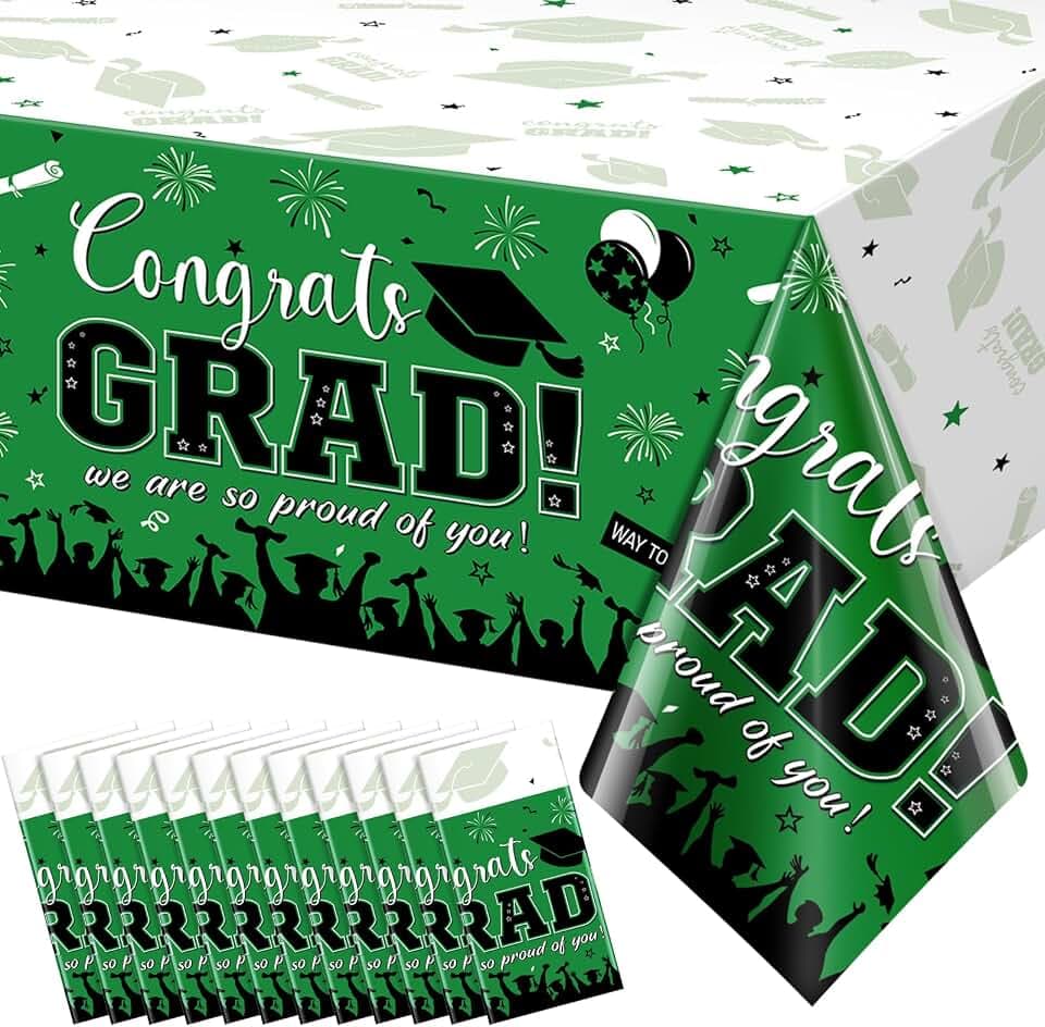 12Pack Graduation Tablecloth Party Decorations, Class of 2026 Congrats Grad Plastic Tablecover Party Supplies, Green Rectangle Graduation Table Decorations for College High School Party, 54 x 108 Inch