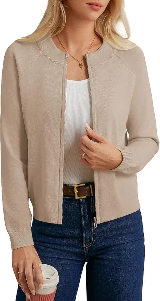 GRACE KARIN Damen Reißverschluss Strickjacke Langarm Basic Cardigan Gestrickte Jacke mit Taschen