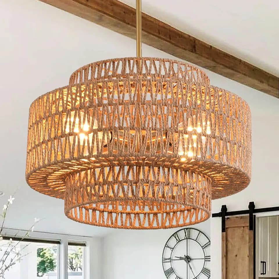 4-Light Boho Chandelier for Dining Room 3-Tier Rattan Light Fixture
