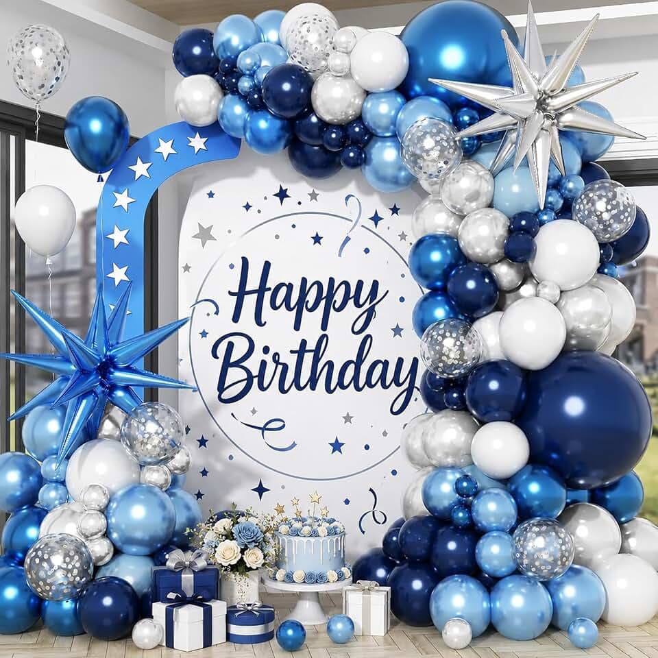 Blue White Silver Balloon Arch Garland Kit with Foil Star Confetti Balloons