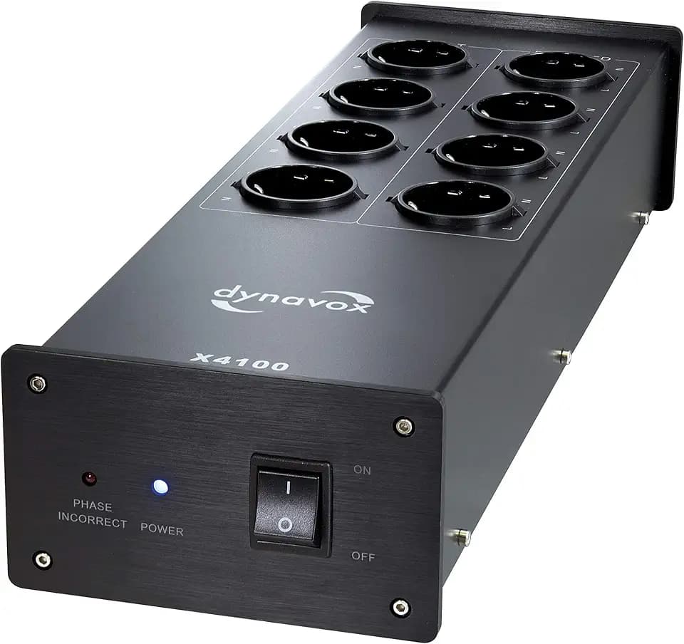 Dynavox HiFi-Netzfilter X4100B, Mehrfach-Steckdose mit 8 Steckplätzen, mit LED-Kontrollleuchte für korrekte Phasenlage, Schwarz