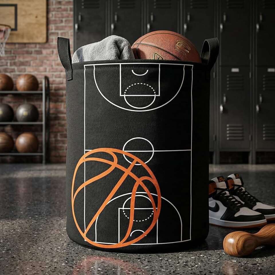 Basketball Boys Laundry Basket with Lining Kids Round Black Basketball Laundry Hamper Clothes Storage Bin Basket Organizer for Boy Room Decor