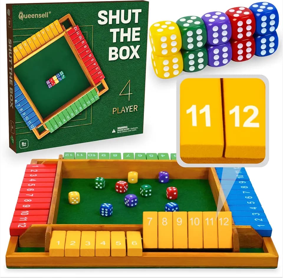 Queensell Shut The Box Game Wooden for 4 Players - Math Games -Family Games for Kids and Adults - 14-inch Close The Box Game 12 Numbers - Family Board Games