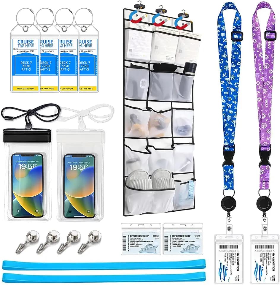 Cruise Ship Essentials 2026 - Cruise Must Haves Kit with Magnetic Door Organizer, Lanyard with ID Holder, Magnetic Hooks, Luggage Tag Set, Towel Bands, Waterproof Phone Holder - Travel Essentials