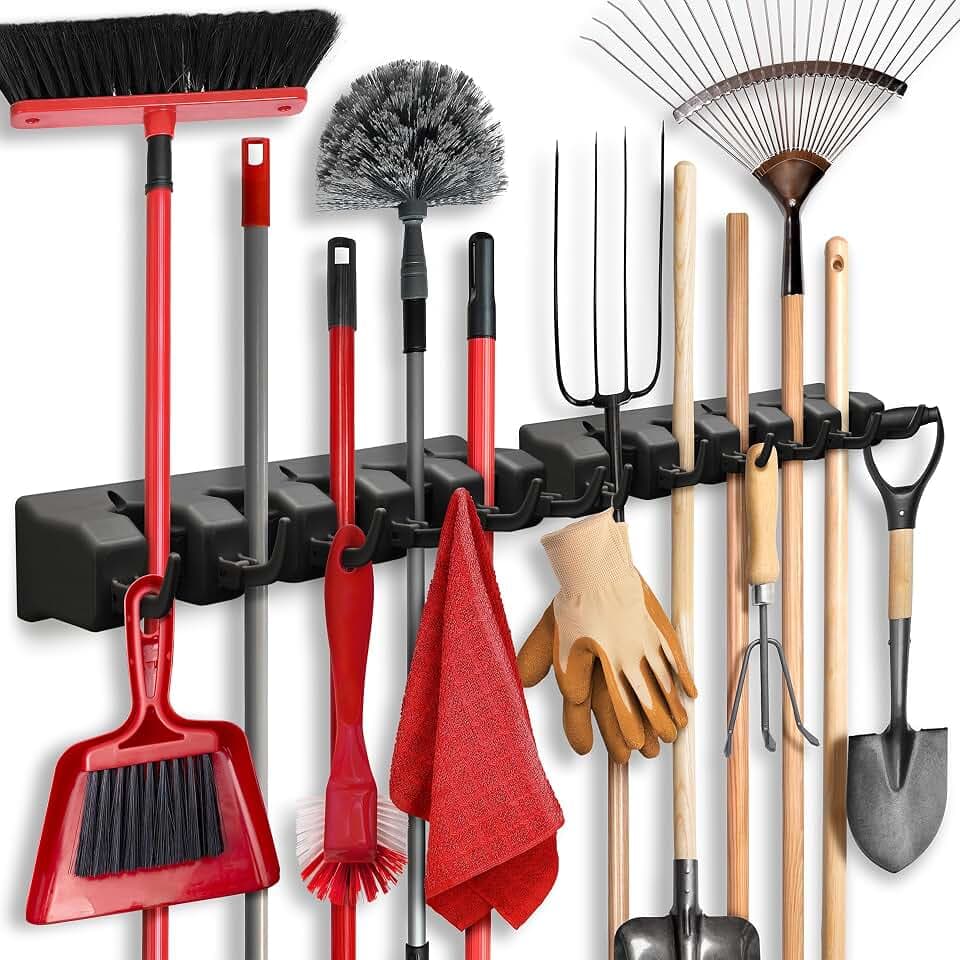 2 Pack Mop and Broom Holder Wall Mount Hanger, Heavy Duty, 5 Slots 4 Hooks