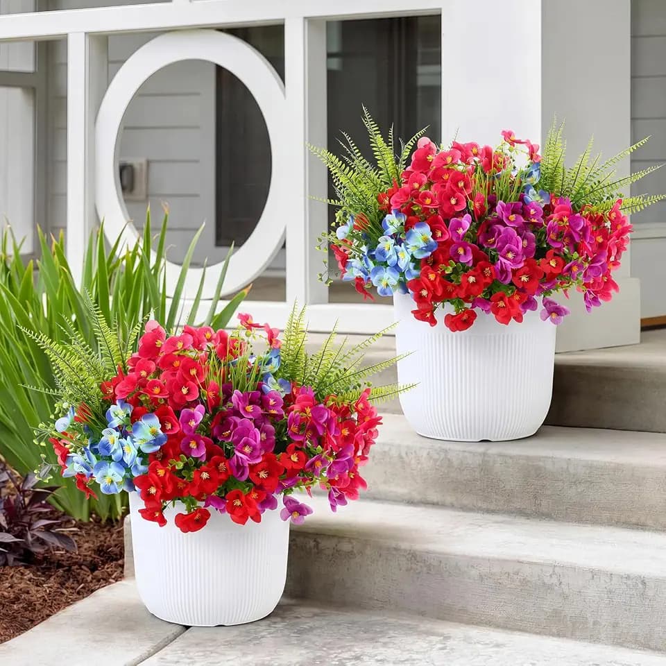 22 Bundles Artificial Flowers for Front Door Fake Pansies Outdoor Plants UV Resistant Realistic Pansies with Persian Leaves, Grass, Hanging-Bells for Planters Window Box Yard Patio