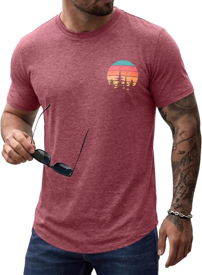 Comdecevis Men's Graphic T-Shirts Curved Hem Casual Vintage Summer Tees