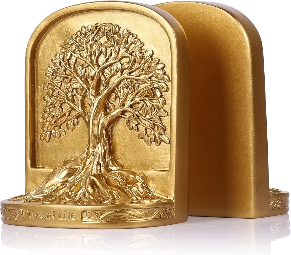 Goldener Baum des Lebens Buchstützen-Set, 2 dekorative Buchstützen für Regale oder Bücherregal, rutschfeste schwere Buchstützen für Schreibtisch-Regal-Dekoration, Bibliothek-Büro-Dekoration