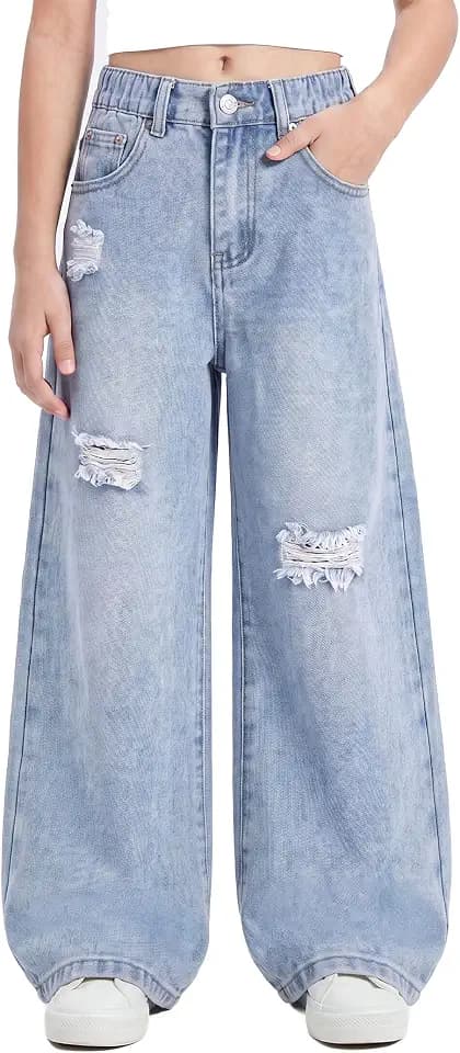 PATPAT Girls Baggy Ripped Jeans 5-14Y, Elastic Waist Wide Leg Denim Pants