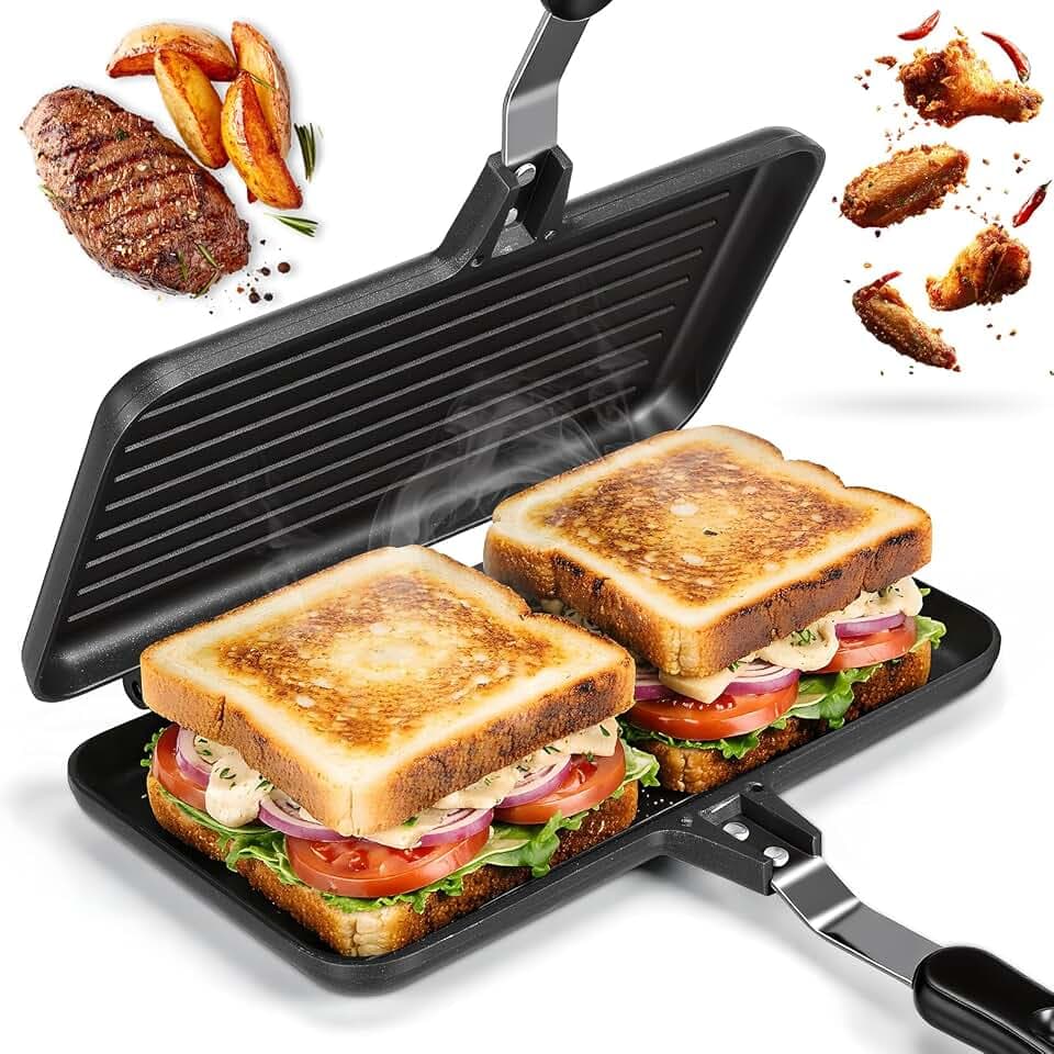 Breakfast Sandwich Maker Camping Toaster - XL Doppelseitig Grillpfanne für Gaskocher, Tortillas Bratpfanne Aluminium Backen GrillPan Nichtstick Wendepfanne für Frühstück Camping Outdoor (Schwarz)