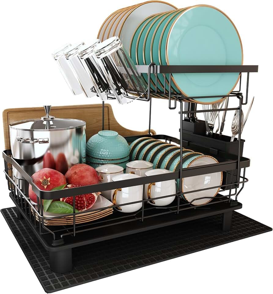 Dish Drainer Rack, 2 Tier Stainless Steel Dish Drying Rack with Drip Tray and Drying Mat, Sink Plate Drainer Rack with Utensils Holder, Swivel Spout, Kitchen Draining Board Rack for Kitchen, Black