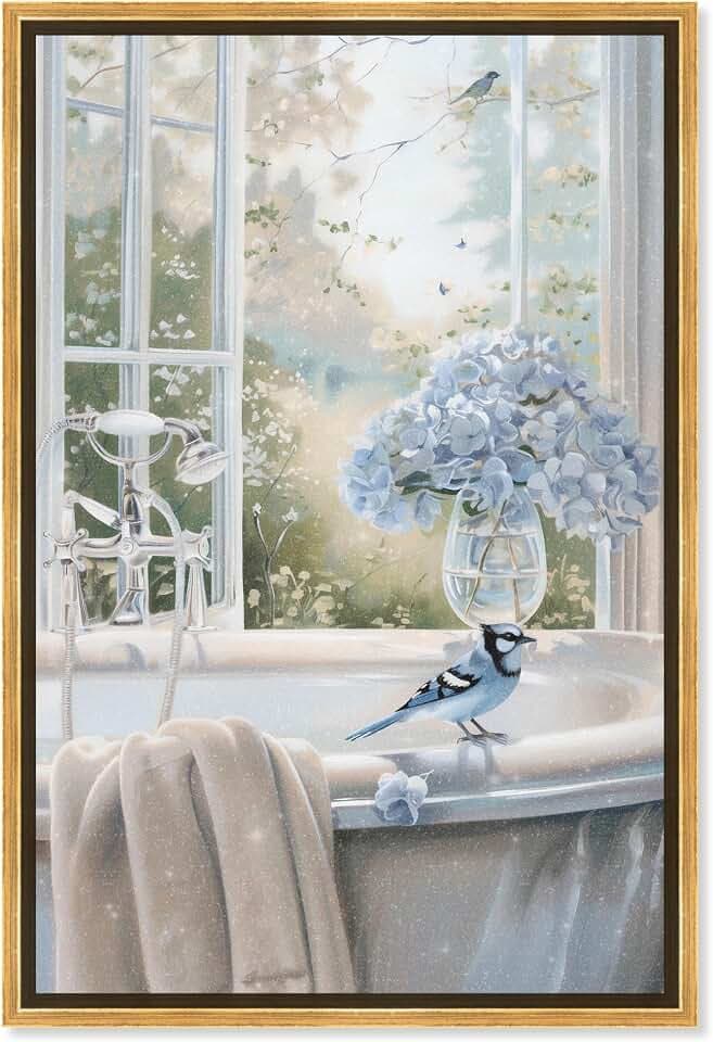 Art Remedy Bluebird Bathroom Canvas Glam Bathroom Art, Gold Frame, 16" x 24"
