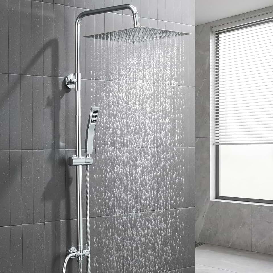 Auralum Edelstahl Regendusche ohne Armatur,Regenduschkopf 30x30CM,Duschsystem mit Höhenverstellbar Duschstange,Edelstahl Handbrause,Messing-Umschaltventil,vorhandene Bohrlöcher,Duschset Chrom