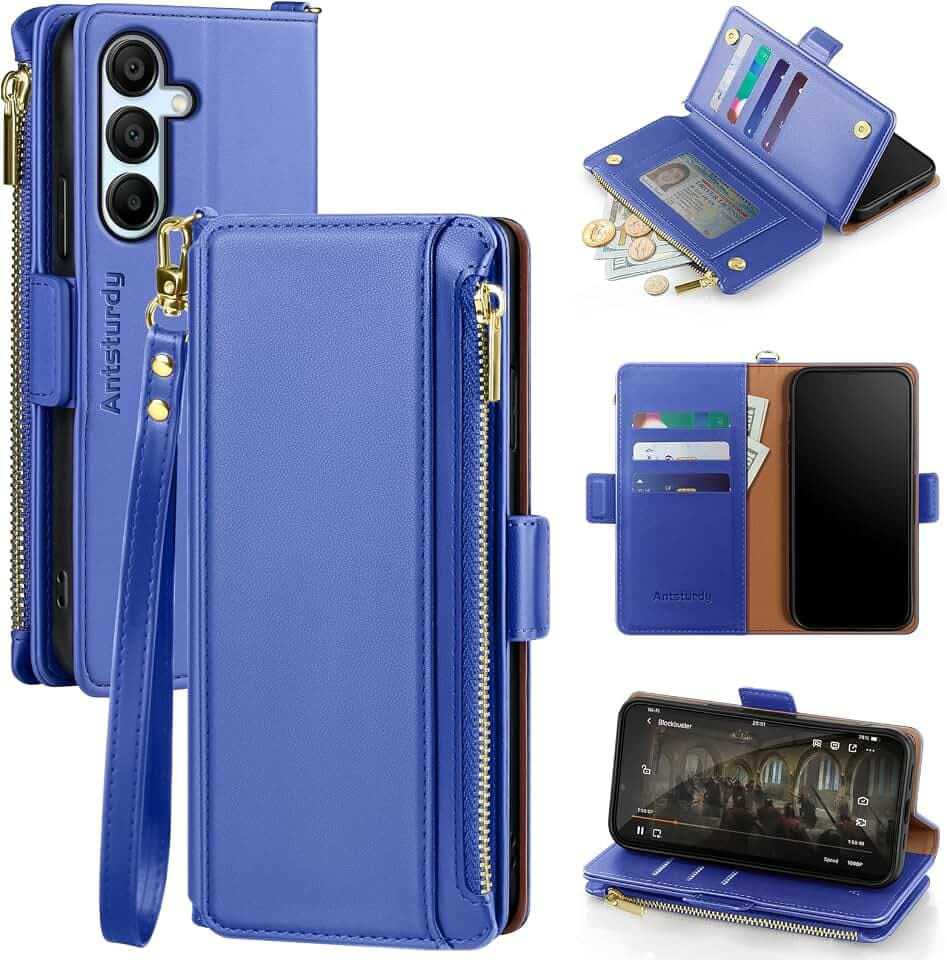 Antsturdy Compatible with Samsung Galaxy A16 5G Case Wallet with Card Holder Women Men Phone Case RFID Blocking PU Leather Flip Protective Cover Wrist Strap Zipper Credit Card Slots,Purple Blue