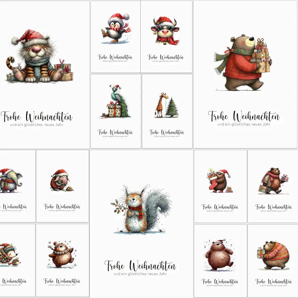 Weihnachtskarten mit Umschlag Set 30 Skurrile weihnachtliche Tiere - Klappkarten Weihnachtsgrußkarten