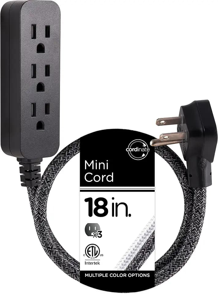 Cordinate Mini 3-Outlet Power Strip, 18 in Braided Extension Cord