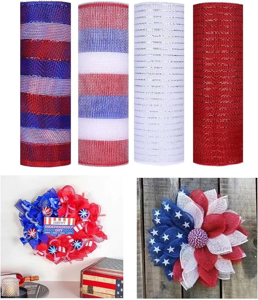 4 Rolls Deco Mesh Ribbon for 4th of July Wreath Making Supplies