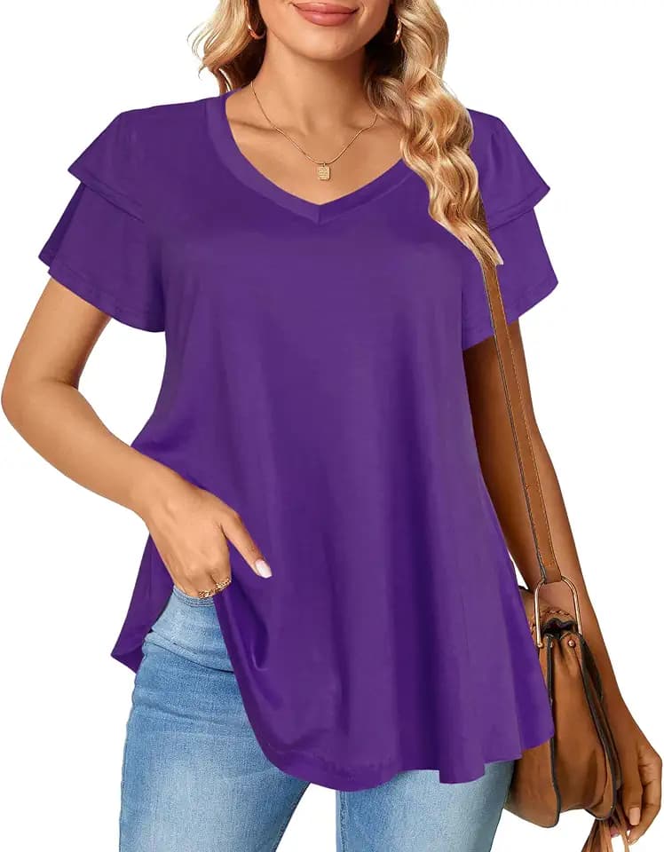Afibi Womens Summer Tops Ruffle Short Sleeve V Neck T-Shirts Casual Loose Fit