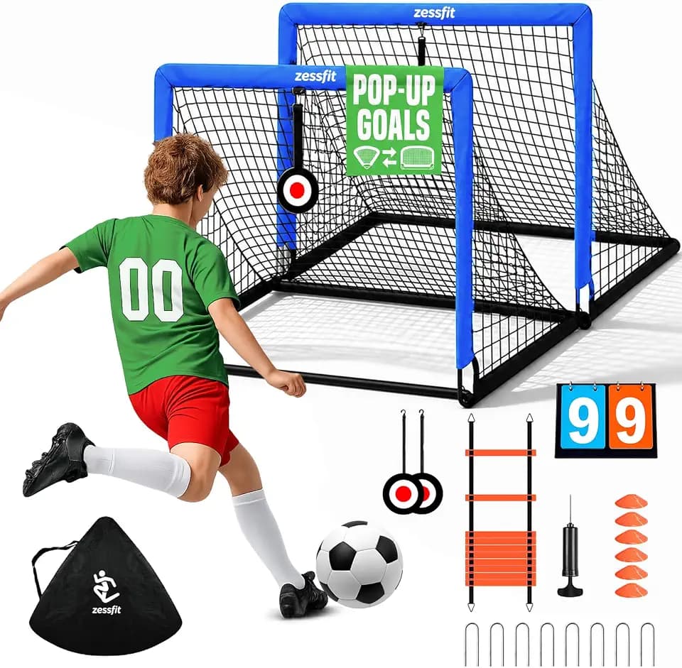 Kids Soccer Goal Set for Backyard, Portable Soccer Nets Set of 2 with Soccer Ball, Scoreboard, Agility Ladder, Cones and Target Nets, Indoor Outdoor Soccer Training Equipment for Boys and Girls