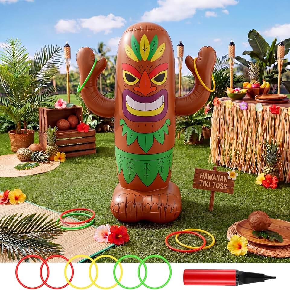 47" Inflatable Luau Tiki Pool Toss Games Tiki Pool Ring Toss Toys with 6 Rings for Indoor Outdoor Summer Tropical Swimming Inflatable Bean Bags Games Hawaiian Luau Party Favors Supplies