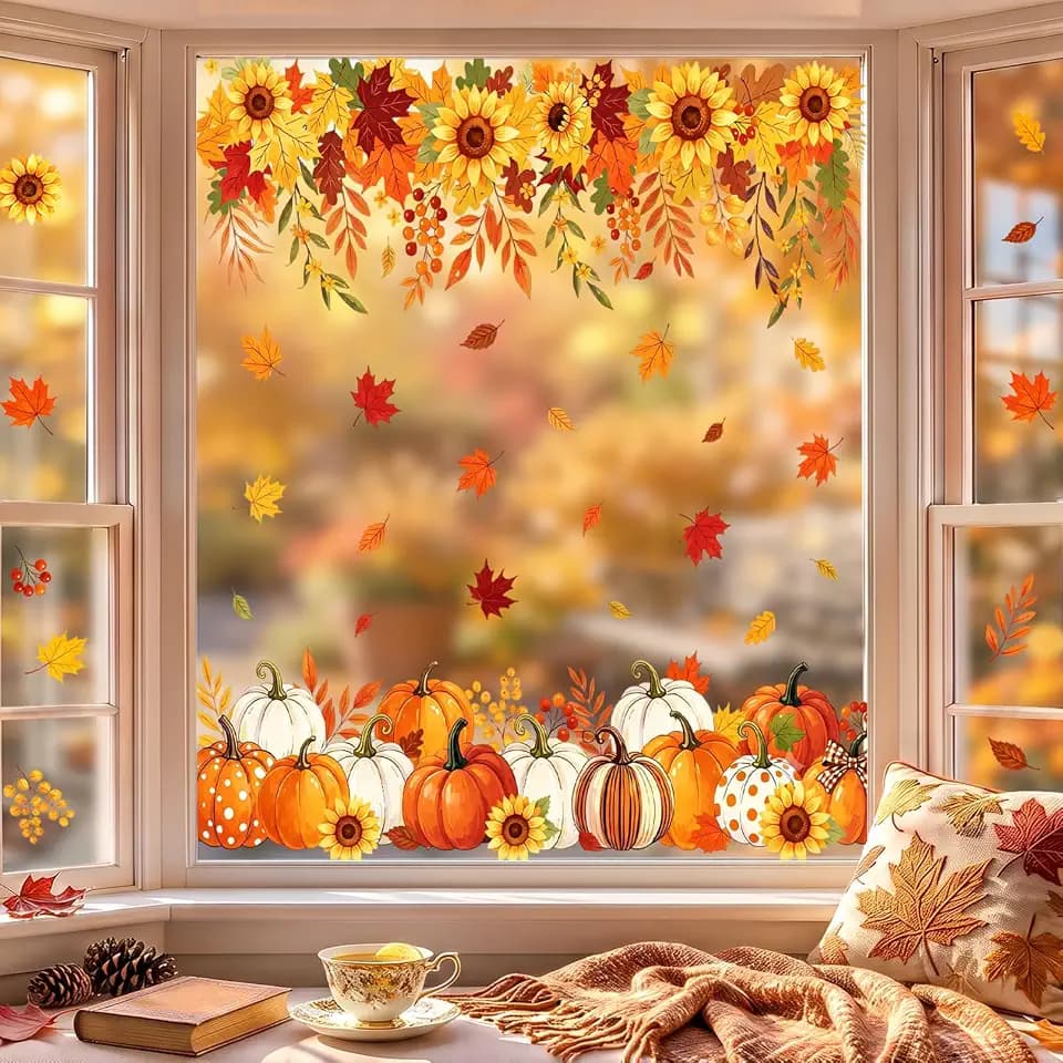 Fall Window Clings 9 Sheets – Maple Leaf Sunflower Pumpkin Autumn Thanksgiving Decorations, Double-Sided Autumn Window Stickers for Harvest, Fall Decorations for Home Office Party Supplies