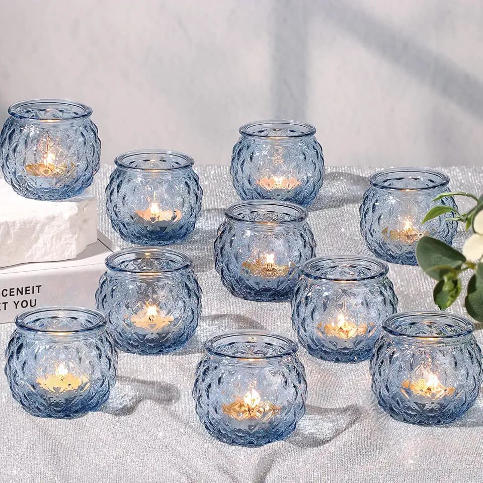 DARJEN 24 Pcs Blue Votive Candle Holders Round Glass Candle Holders Bulk