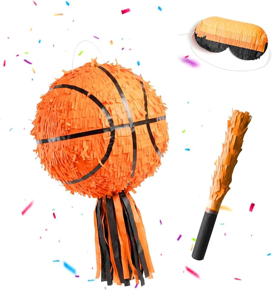 Relaxdays Pinata Basketball, mit Stab & Maske, orange-schwarz