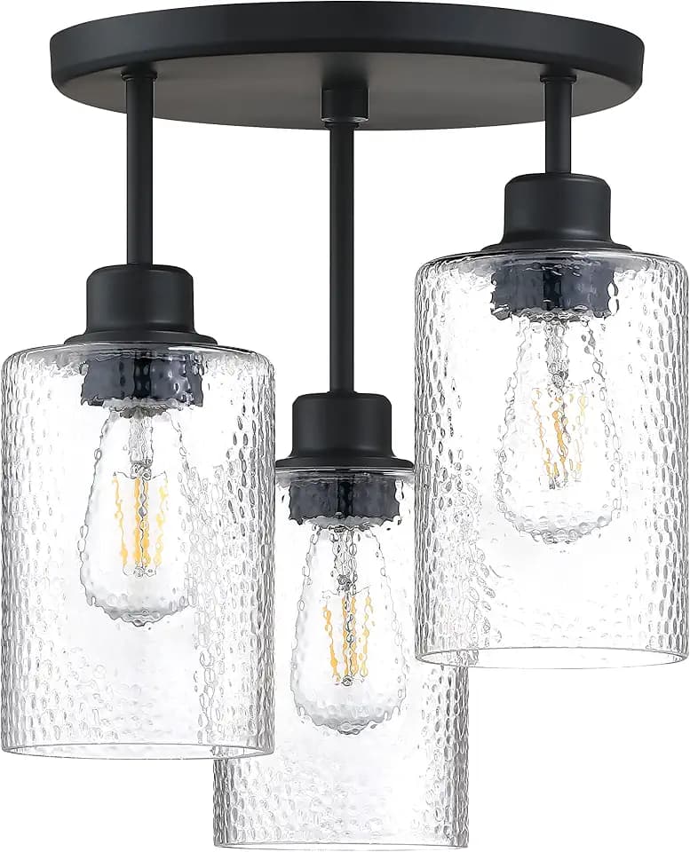 3-Light Semi Flush Mount Ceiling Light Industrial Farmhouse Chandelier Fixture Water Grain Glass with Oil Rubbed Bronze Finish for Hallway Dining Room Entryway Kitchen Cafe Bar
