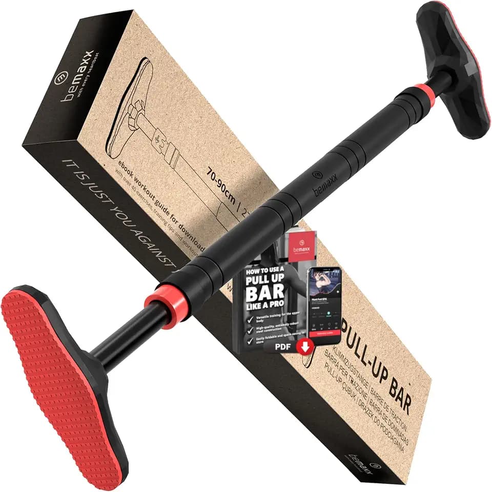 BeMaxx Klimmzugstange für Türrahmen ohne Schrauben/Bohren + Trainings-eBook - Profi Türreck Pull Up Dip Bar, gepolsterte Griffe | Klimmzug Stange zum Einhängen in Tür Zuhause, Fitness Workout Sport