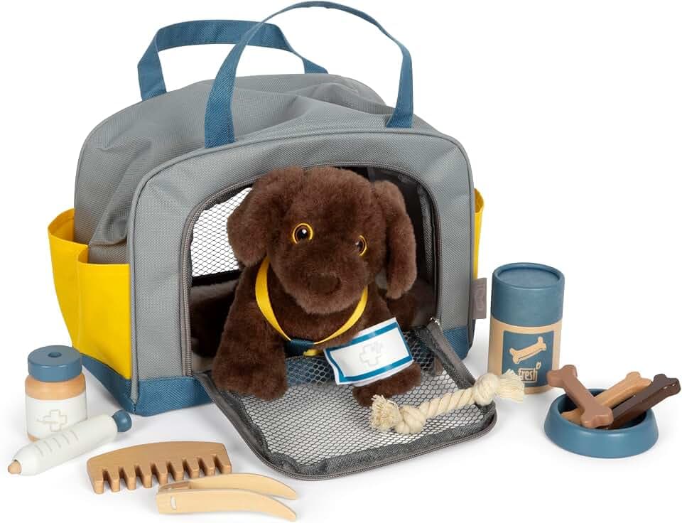 small Foot Hund mit Tasche und Pflege-Set, 15-teiliges Haustier-Spielzeug für Kinder ab 2 Jahren, Rollenspiel Set für Tierpflege, 12600