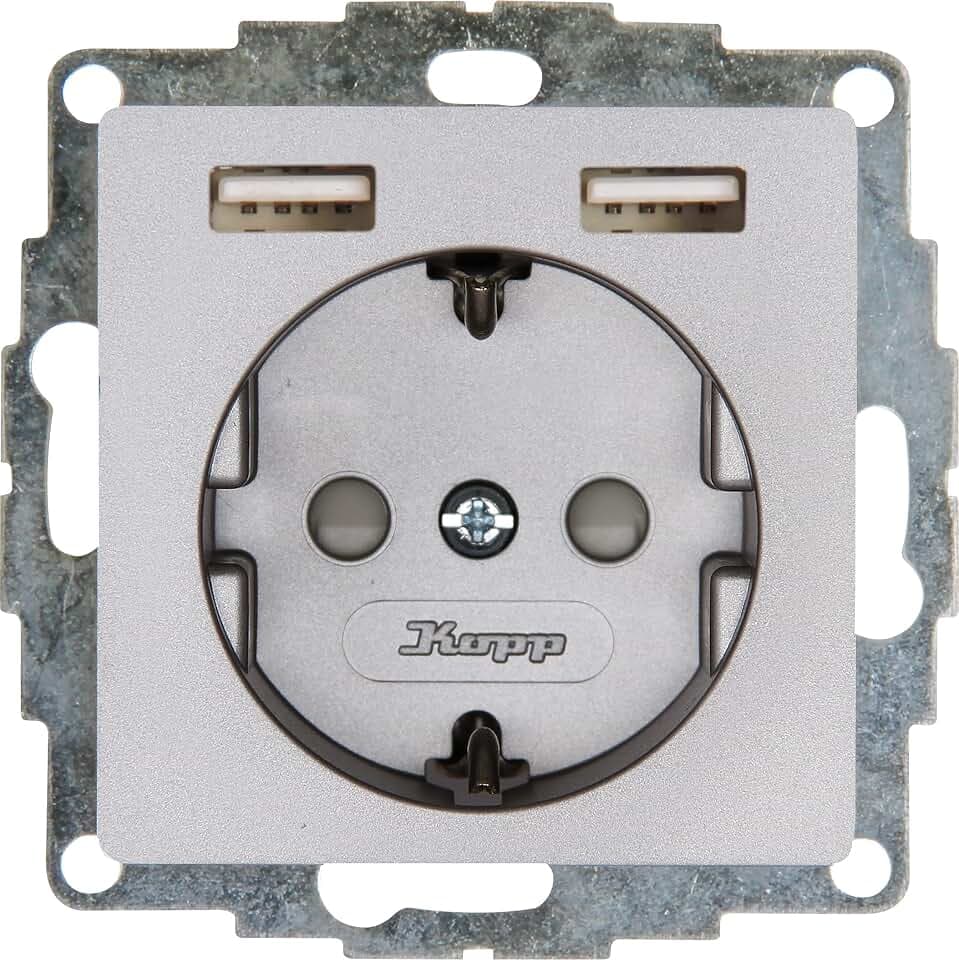 Kopp HK07 - Unterputz-Schutzkontakt-Steckdose mit 2 USB-Ladebuchsen, Farbe: Stahl, 1er Pack, 296247006