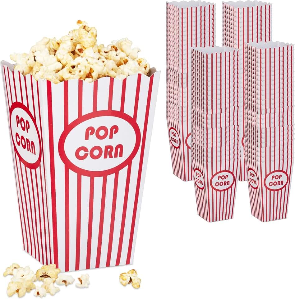 Relaxdays Popcorntüten, 100er Set, gestreift, Retro-Optik, Kino, Filmabend Zubehör, Pappe, Popcornbehälter, rot/weiß